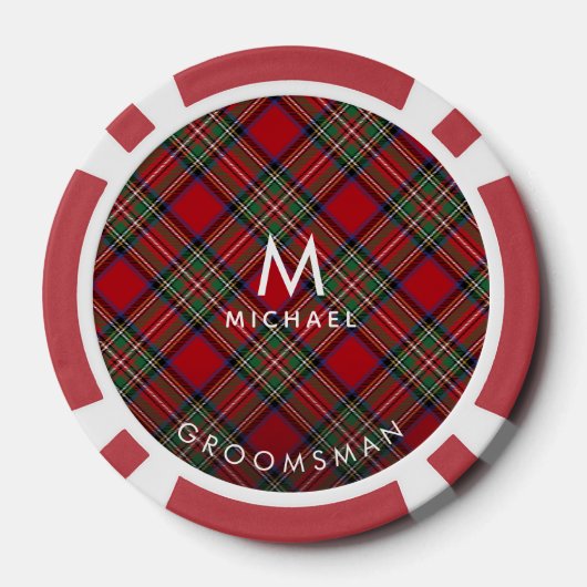 Plaid Monogram Rood Groen Stewart Tartan Groomsman Poker Chips (Achterkant)