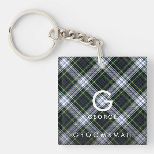 Plaid Monogram Wit Groen Geruite Tartan Bruidsjonk Sleutelhanger (voorkant)