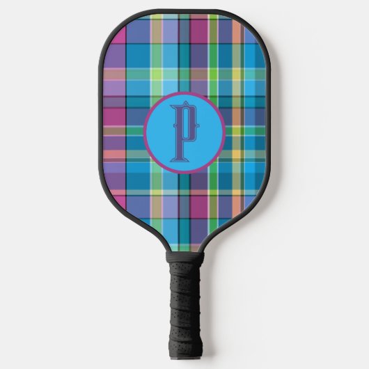 Plaid Paarse Groen Geel Turquoise Gepersonaliseerd Pickleball Paddle (Voorkant)