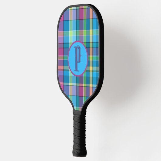 Plaid Paarse Groen Geel Turquoise Gepersonaliseerd Pickleball Paddle (Links)