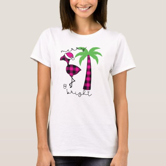 Plaid Palm Tree Flamingo Merry & Bright Dames T-shirt (Voorkant)
