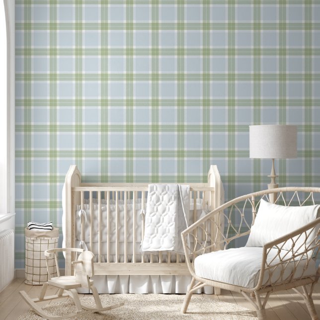 Plaid pastel Deens blauw en Sage groen Behang (Kinderen)