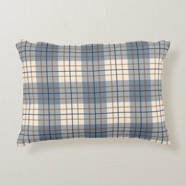 Plaid Patroon Blauw Bruin Crème Decoratief Kussen (Voorkant)