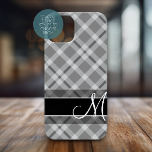 Plaid Patroon met Monogram - zwart wit grijs iPhone 15 Case