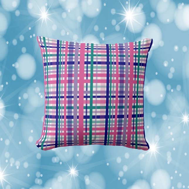 Plaid Pattern Blauwgroen Paarse Navy Blue Berry Pi Kussen (A throw pillow with a purple, teal, pink and blue plaid pattern.)