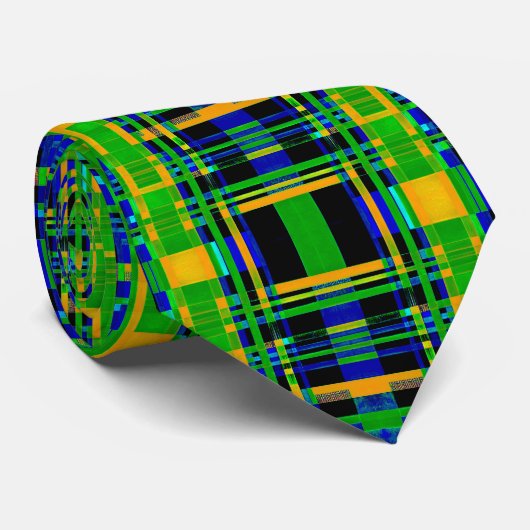 Plaid Pattern Tartan Check Groen Sinaasappel Zwart Stropdas (Opgerold)