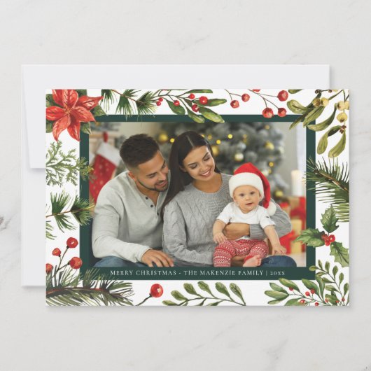 Plaid Poinsettia Botanische Familie Foto Tartan Feestdagenkaart (Voorkant)