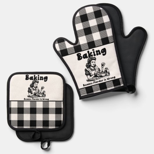 Plaid Pothouder en Mitt Set Retro Baking Humor (Voorkant / Achterkant)
