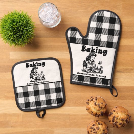 Plaid Pothouder en Mitt Set Retro Baking Humor (Top down)
