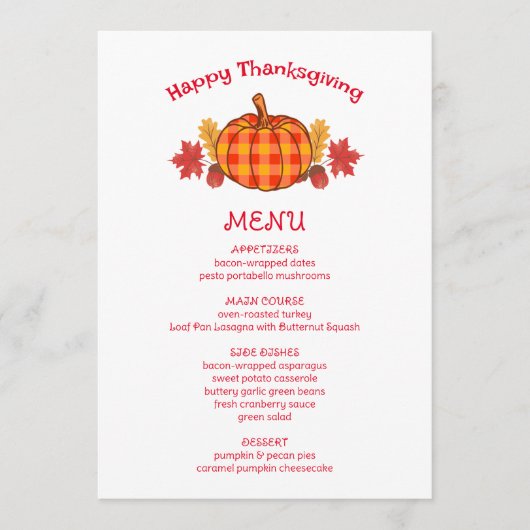 Plaid Pumpkin Acorn Twigs Herfst Thanksgiving Menu (Voorkant)