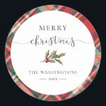 Plaid Red Check Elegant Merry Christmas Boerderij Ronde Sticker<br><div class="desc">Wikkel uw kerstcadeaus in feestelijke stijl met onze kerst Tartan Red en Green Plaid Sticker. Dit klassieke en tijdloze design brengt een vleugje warmte en traditie naar uw cadeaus. Of u nu doordachte geschenken voor geliefden inpakt of een feestelijke toets toevoegt aan uw vakantiedecoraties, dit geruite inpakpapier is de perfecte...</div>