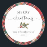 Plaid Red Check Elegant Merry Christmas Boerderij Ronde Sticker<br><div class="desc">Wikkel uw kerstcadeaus in feestelijke stijl met onze kerst Tartan Red en Green Plaid Sticker. Dit klassieke en tijdloze design brengt een vleugje warmte en traditie naar uw cadeaus. Of u nu doordachte geschenken voor geliefden inpakt of een feestelijke toets toevoegt aan uw vakantiedecoraties, dit geruite inpakpapier is de perfecte...</div>