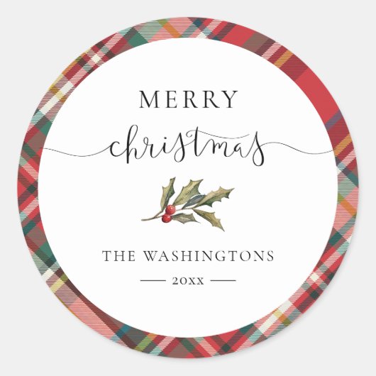 Plaid Red Check Elegant Merry Christmas Boerderij Ronde Sticker (Voorkant)