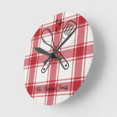 Plaid Red & White Custom Name Gift Ronde Klok (Hoek)