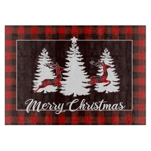 Plaid Reindeer and Pine Trees Christmas Scene Snijplank (Voorkant)