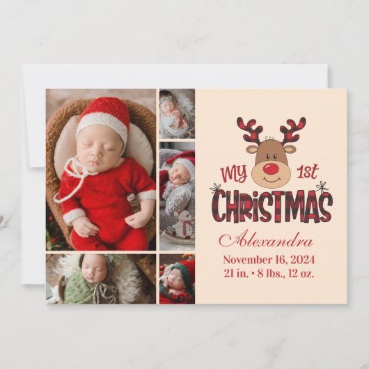 Plaid Reindeer Baby First Christmas 5 Photo  Feestdagenkaart (Voorkant)