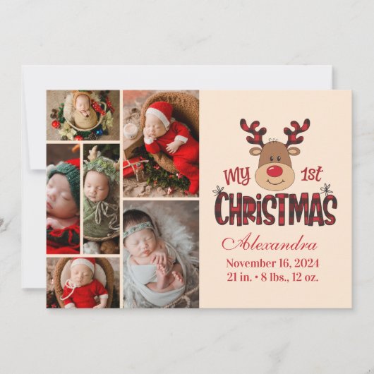 Plaid Reindeer Baby First Christmas 6 Photo  Feestdagenkaart (Voorkant)
