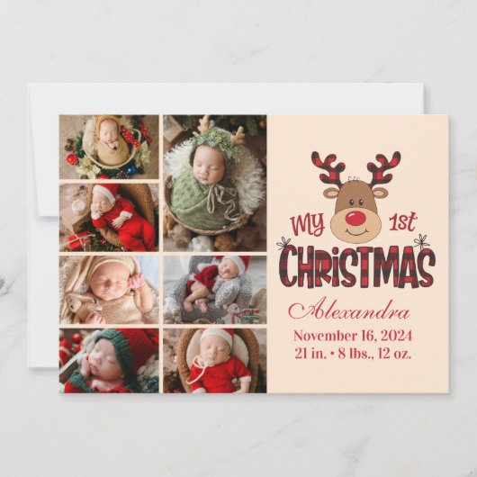 Plaid Reindeer Baby First Christmas 7 Photo  Feestdagenkaart (Voorkant)