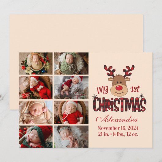Plaid Reindeer Baby First Christmas 8 Photo Feestdagenkaart (Voorkant / Achterkant)