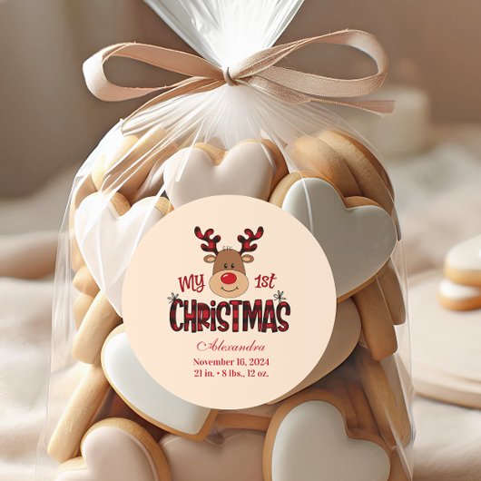 Plaid Reindeer Baby First Christmas Ronde Sticker