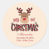 Plaid Reindeer Baby First Christmas Ronde Sticker (Voorkant)