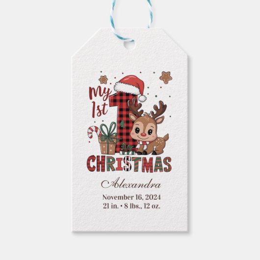 Plaid Reindeer First Christmas Cadeaulabel (Voorkant)