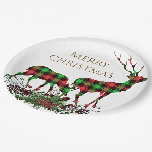 Plaid Rendieren Vrolijk kerstfeest & groen Papieren Bordje (Gekanteld)