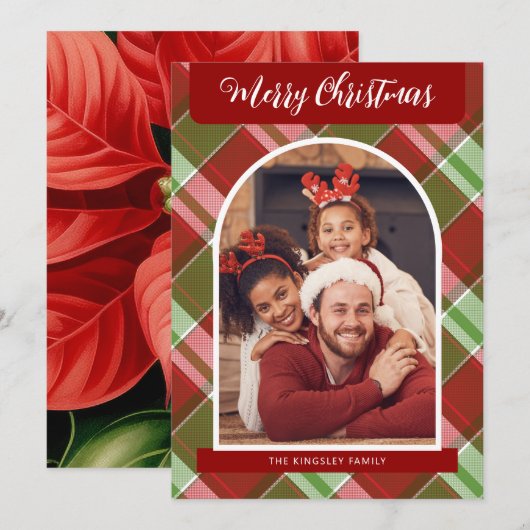 Plaid Rode Poinsettias Kerstmis Gepersonaliseerde  Feestdagenkaart (Voorkant / Achterkant)