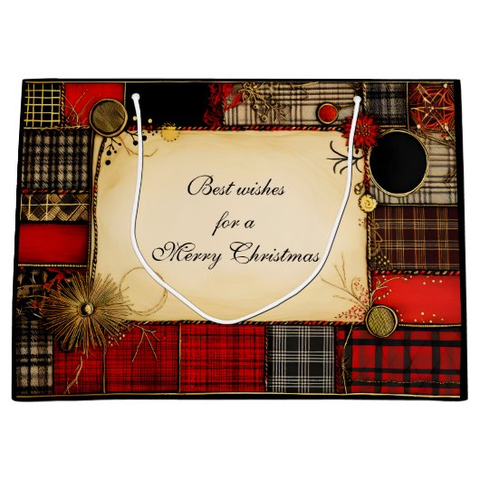 Plaid Rood Zwart Goud Kerstgroet Groot Cadeauzakje (Voorkant)