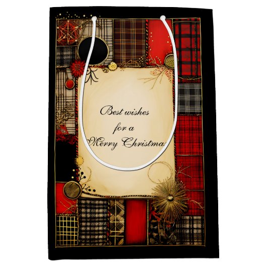 Plaid Rood Zwart Goud Kerstgroet Medium Cadeauzakje (Voorkant)