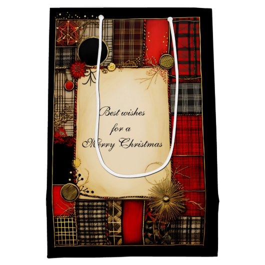 Plaid Rood Zwart Goud Kerstgroet Medium Cadeauzakje (Achterkant)