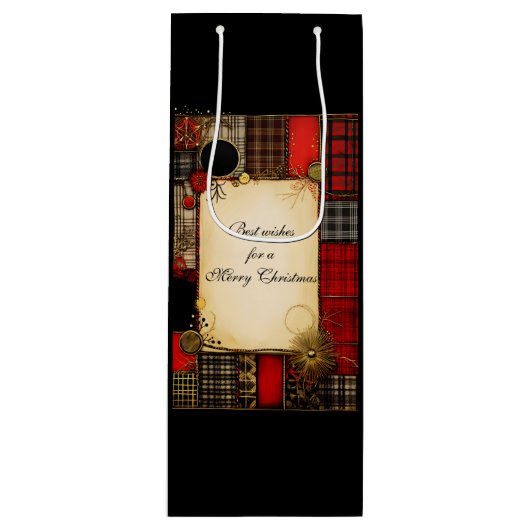 Plaid Rood Zwart Goud Kerstgroet Wijn Cadeautas (Voorkant)