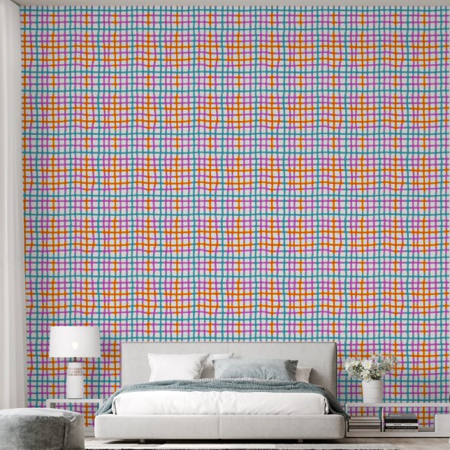 Plaid Roze, Blauw, Sinaasappel (L) Behang (Slaapkamer)