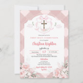 Plaid Roze Waterverf Crest Eerste Heilige Communie Kaart (Voorkant)