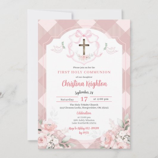 Plaid Roze Waterverf Crest Eerste Heilige Communie Kaart (Voorkant)