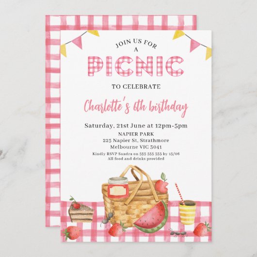 Plaid Roze Zomer Picknickmand Picknick Verjaardag Kaart (Voorkant / Achterkant)