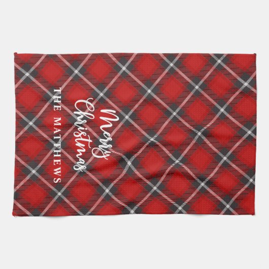 Plaid Rustic Red Black Merry Christmas Theedoek (Horizontaal)