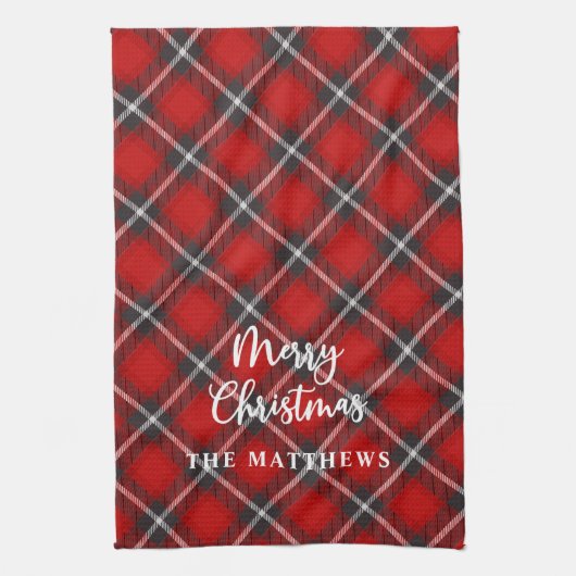 Plaid Rustic Red Black Merry Christmas Theedoek (Verticaal)