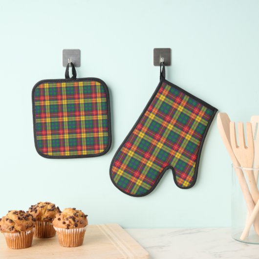 Plaid Rustiek Kleurrijk Rood Geel Buchanan Tartan Ovenwant & Pannenlap Set (Insitu(Ophanging))