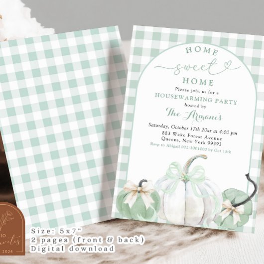 Plaid Sage Green Preppy Pumpkin Housewarming Party Kaart