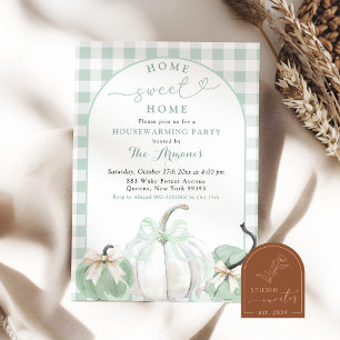 Plaid Sage Green Preppy Pumpkin Housewarming Party Kaart