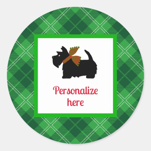 Plaid Scotty Dog Merry Gepersonaliseerde Gift Ronde Sticker (Voorkant)