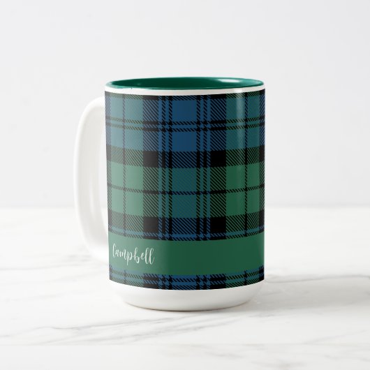 Plaid Script Custom Clan Campbell Tartan Tweekleurige Koffiemok (Voorkant links)