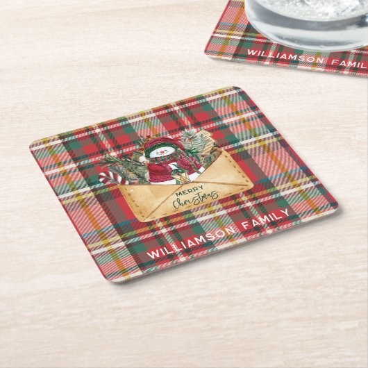 Plaid Script Kerst Custom Familie Rustiek Papier Kartonnen Onderzetters (Schuin)