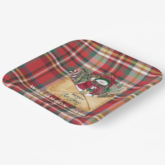 Plaid Script Kerst Custom Familie Rustiek Papieren Bordje (Gebogen)