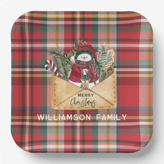 Plaid Script Kerst Custom Familie Rustiek Papieren Bordje (Voorkant)