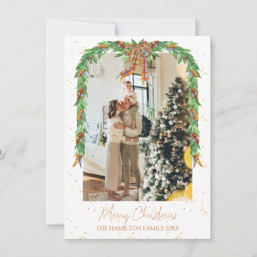 Plaid Sinaasappel Bow Garland Foto Kerst Feestdagenkaart (Voorkant)