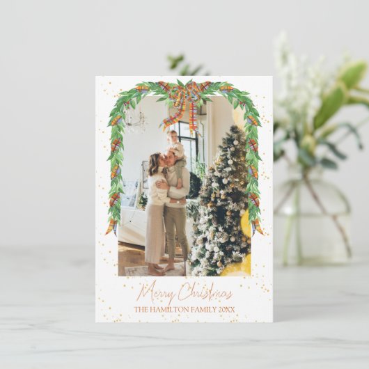 Plaid Sinaasappel Bow Garland Foto Kerst Feestdagenkaart (Staand voorkant)