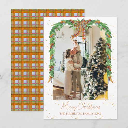 Plaid Sinaasappel Bow Garland Foto Kerst Feestdagenkaart (Voorkant / Achterkant)