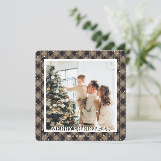 Plaid Sneeuwfoto Vrolijk Kerstfeest Kaart (Staand voorkant)